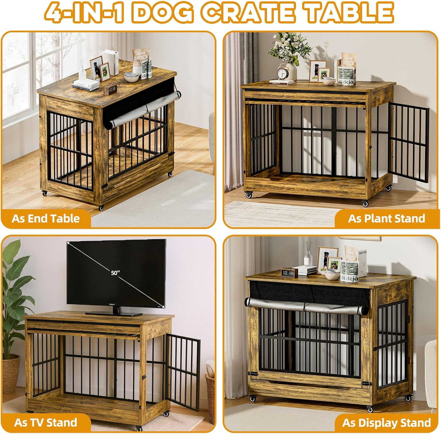 46" Large Dog Crate Furniture, Double Door Wooden Indoor Dog Kennel End Table with Wheels, Decorative Pet Cage for Extra Large Breeds, Rustic Brown