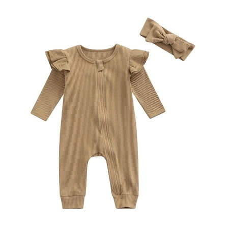 

Frobukio 2Pcs Newborn Baby Girls Boys Rompers Solid Fly Long Sleeve Zipper Autumn Jumpsuits with Headband Light Chestnut 3-6 Months