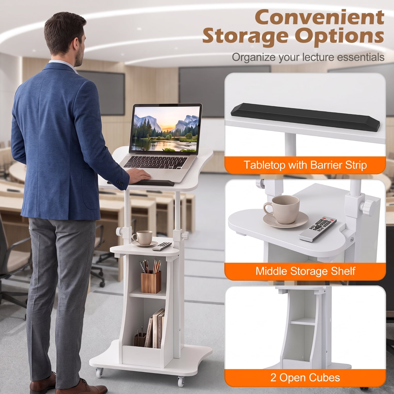 Furnibear Mobile Podium Stand Height Adjustable Laptop Cart with Tilting Tabletop Lockable Wheels and Storage Compartments for School, White
