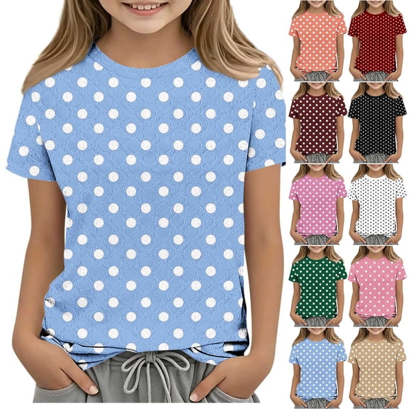 Eltusu T-Shirts for Girls, Crew Neck Printed Summer Pullover Short Sleeve Tops Light Blue Size 10-12 T