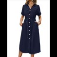 thumbnail image 3 of Vestido Informal de Verano para Mujer, de Color Liso, con Mangas , Botones y Cuello en V, con Bolsillos. Azul Marino L, 3 of 10
