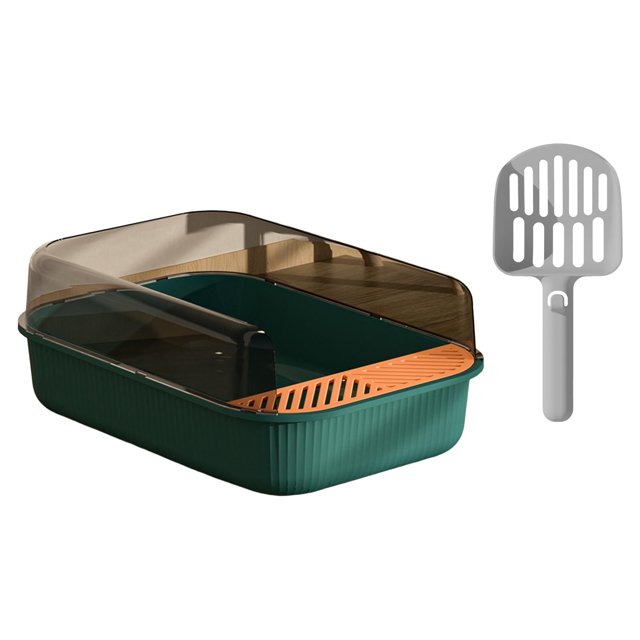 Inodoro con bandeja de arena para mascotas abierta, fácil de limpiar, antiadherente de baño profundo con recipiente para cuchara, , VERDE