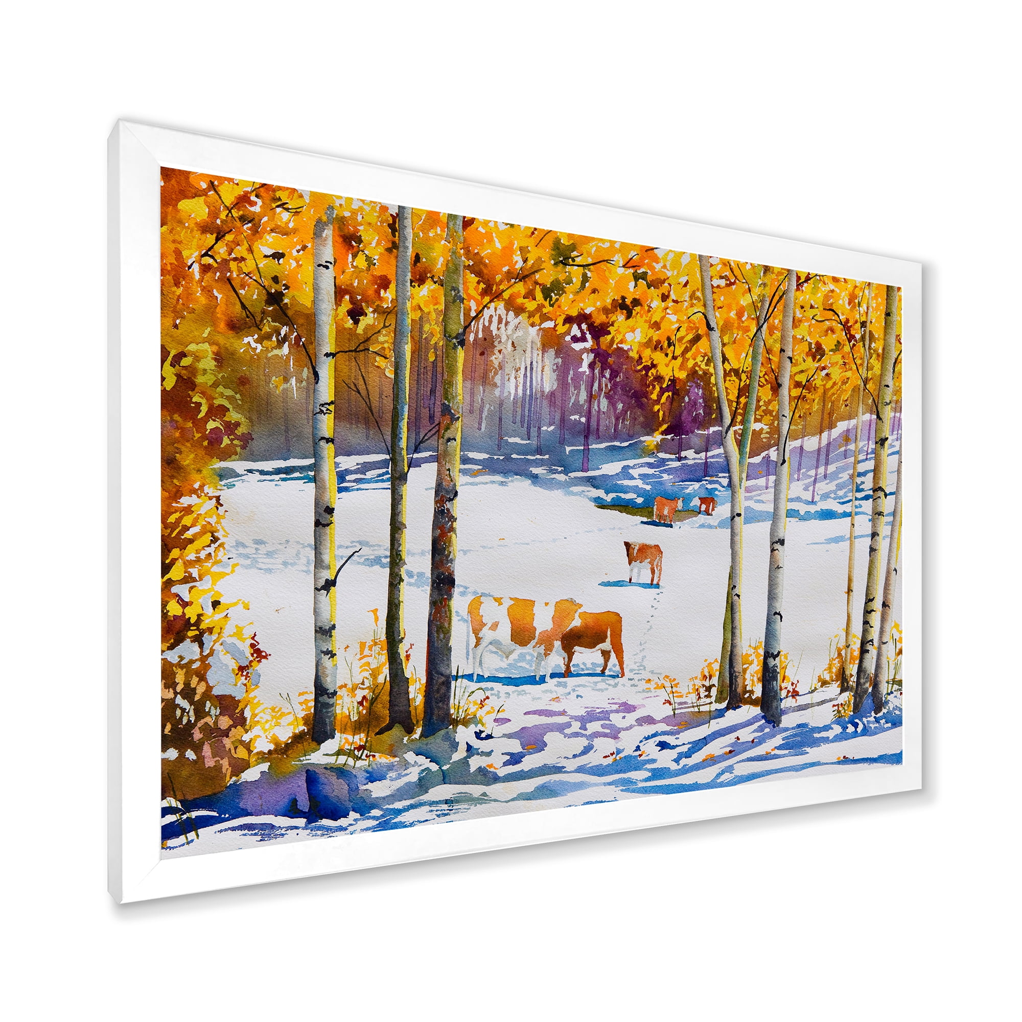 Designart 'Cattles In The Early Snow In The Tree Forest' Farmhouse Framed Art Print