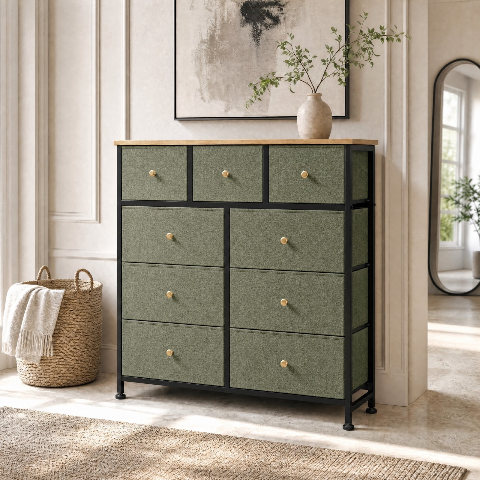 Telyra 9-Drawer Fabric Dresser Tall Storage Tower with Wood Top and Steel Frame Bedroom Closet Organizer, Greyish Green