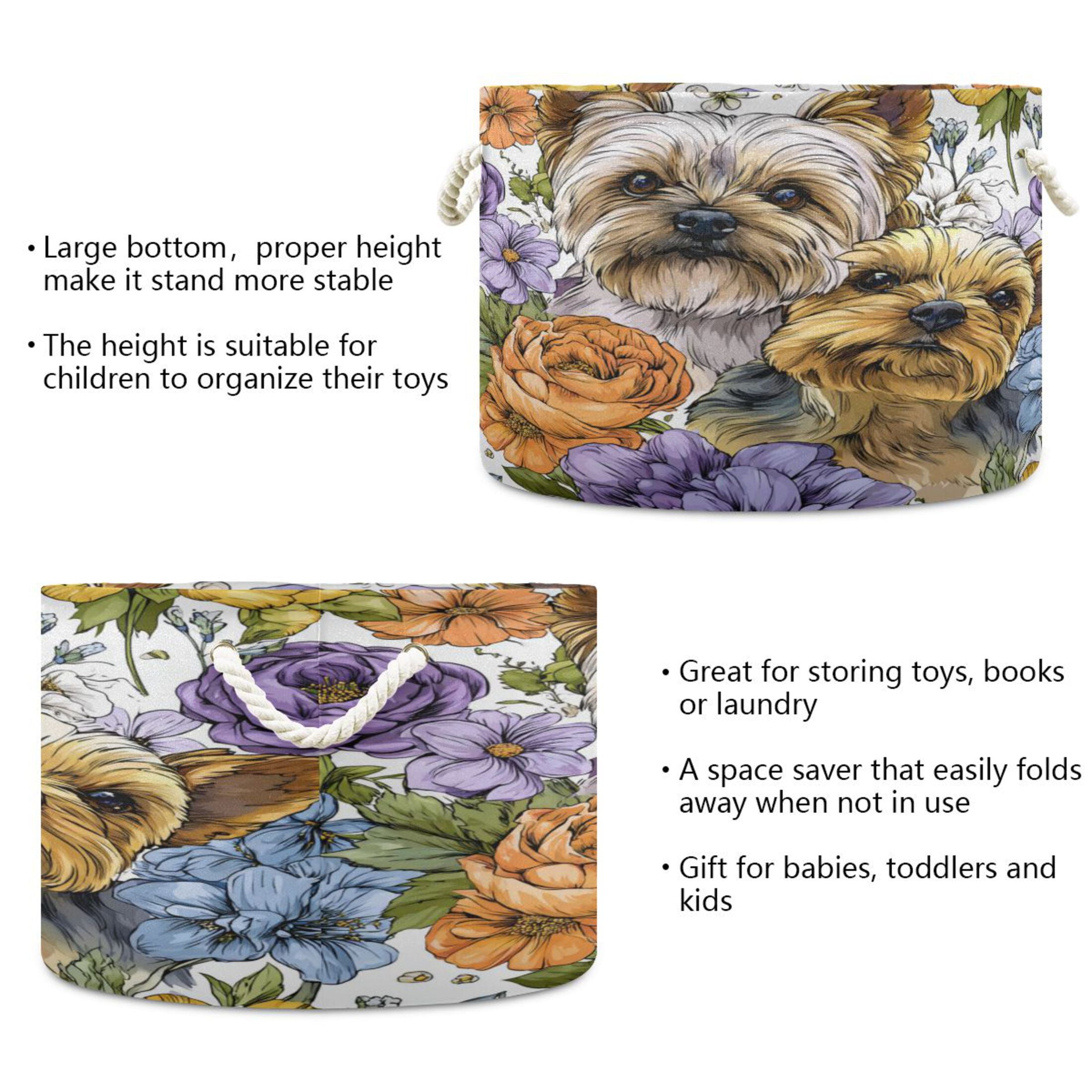 RMDQTR Round Toy Storage Basket Foldable Storage Basket for Home Decor Laundry Basket20" x 14" Lovely Yorkshire Terrier Dogs