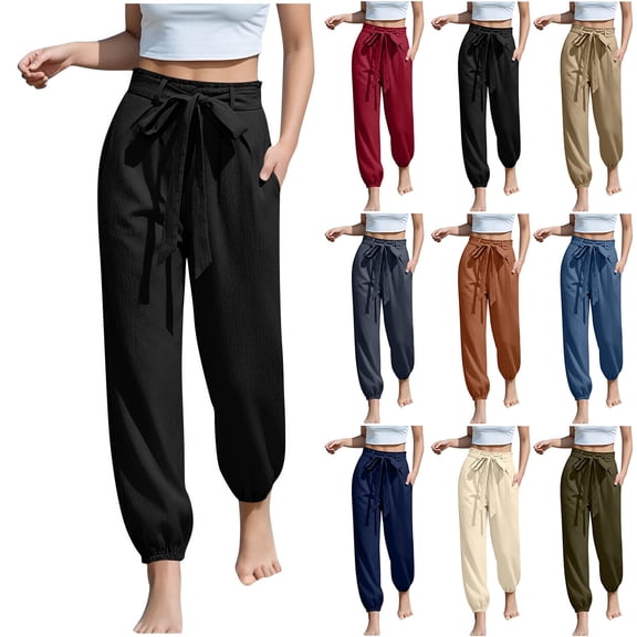 ZHYou Sweatpants for Women Baggy Fit Cuffed Lightweight High Waisted Adjustable Tie Casual Pull On Troursers,Black,Size L