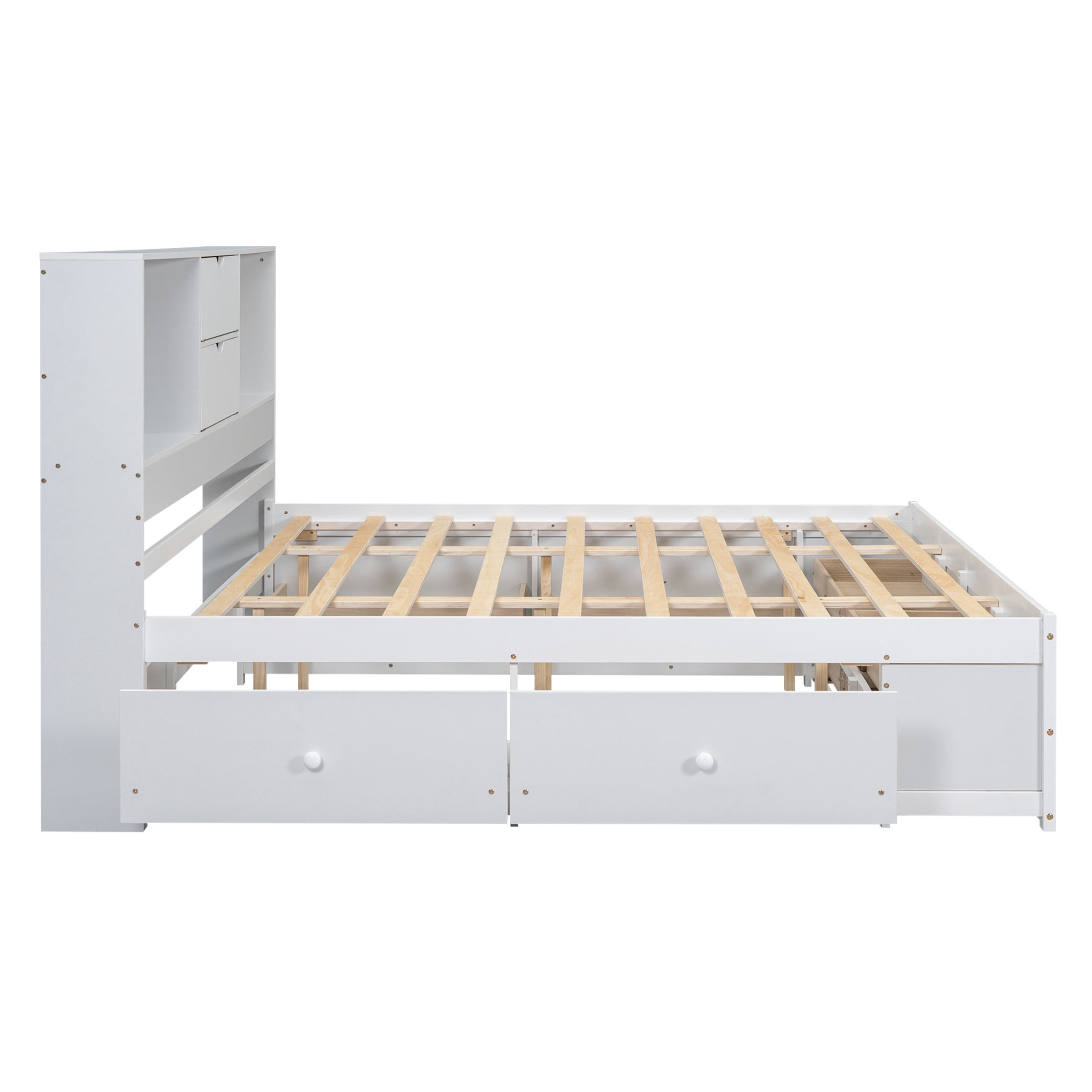 Noble House Solridge King Size Platform Bed with Bookcase Headboard and Storage Drawers, Solid Wood Frame, White