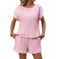 thumbnail image 2 of Women'S Summer 2 Piece Sets Striped Short Sleeve T Shirts and Shorts Loungewear Matching Set Pink XL, 2 of 10