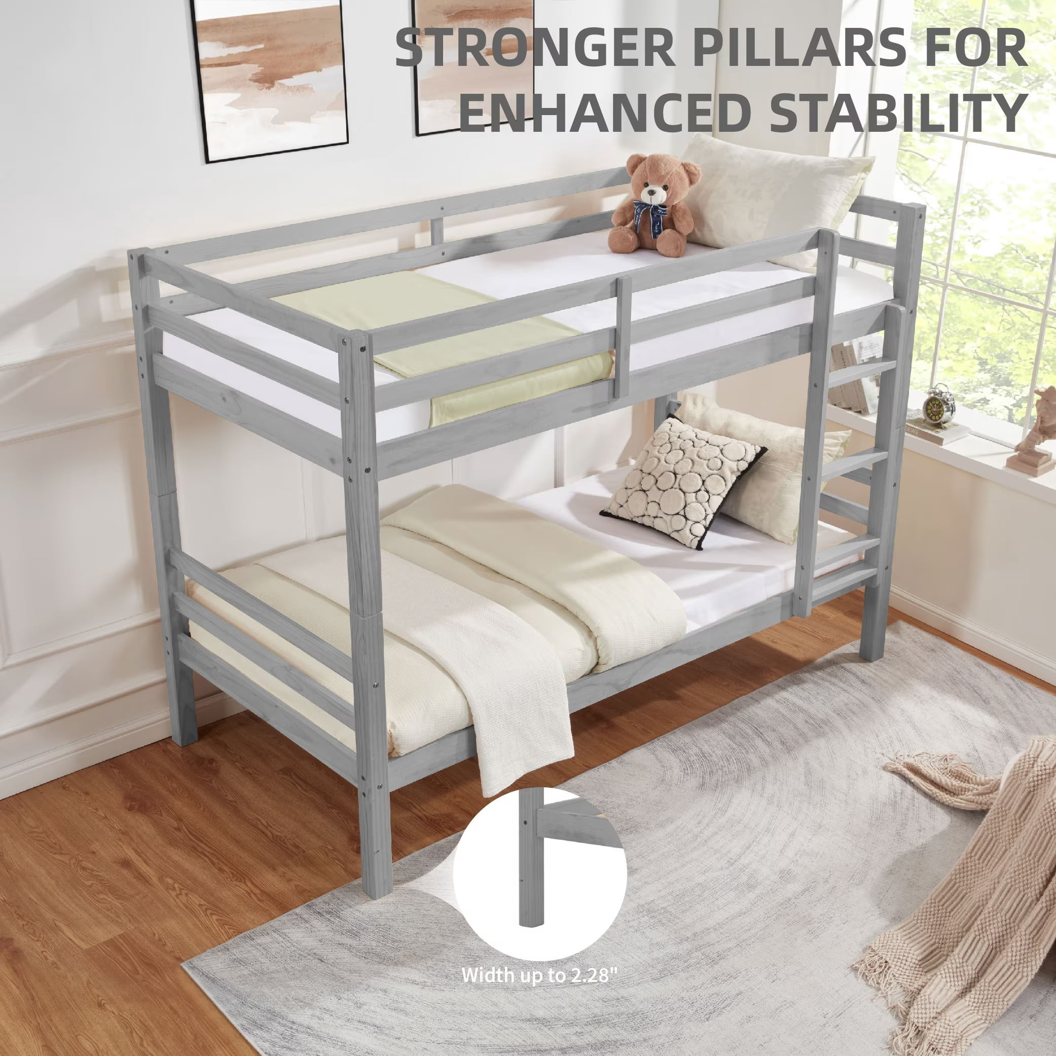 Twin Over Twin Bunk Bed, Solid Wood Bunk Bed Frame with Thick Posts, High Guardrails and Ladder, Heavy Duty Wooden Slats, No Box Spring Needed for Kids, Teens, Guest Room, Grey