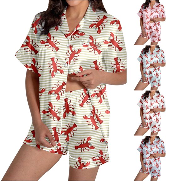 RMGVDSD Women's Pajama Sets Graphic Printed Short Sleeve Shorts Satin Pajamas Set for Home Comfortable Sleepwear Loungewear Outfit Halloween