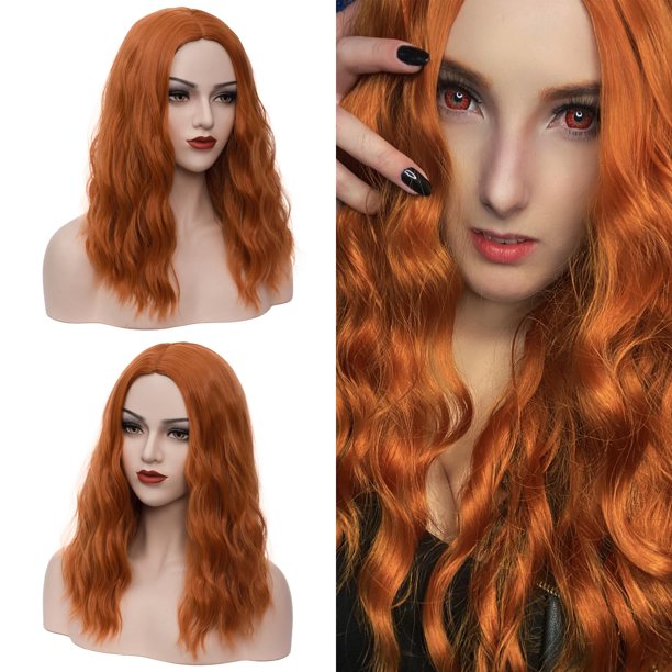 DWMGLP Peluca ondulada y rizada de color naranja de 18.0 in de largo para mujer, pelucas de fibra resistentes al calor, cosplay de Halloween, fiesta diaria + gorra (naranja)