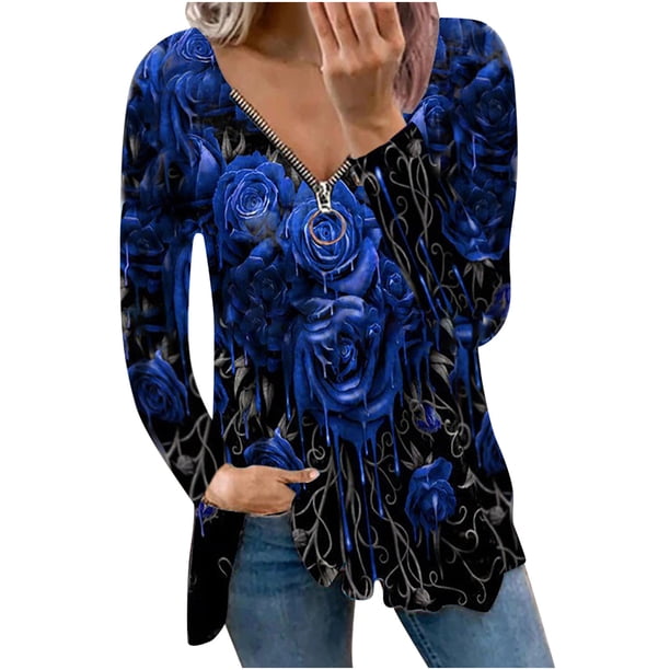 Blusa informal de manga larga con cuello en V y cremallera suelta con estampado floral para mujer Pompotops gfhjh5116