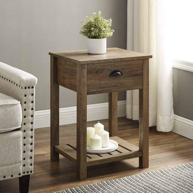 Walker Edison Lavinia Ensemble de Tables d'Appoint à Lattes avec Tiroir, 2 Pcs, Chêne Rustique