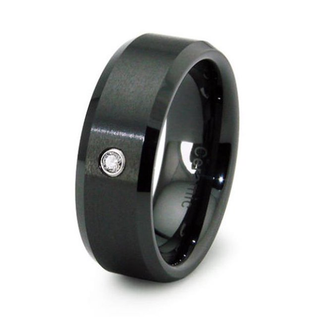 EWC R40038D-130 Black Ceramic Ring Beveled Edge with Diamond 0.04ctw - Size 13