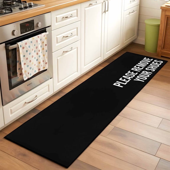 Black Runner Rug 2x6 FT, Non Slip Hallway Carpet, Funny Letters Please Remove Your Shoes Washable Soft Floor Carpet Throw Runner Carpet Long Rug for Entryway Kitchen Bedside Sliding Door