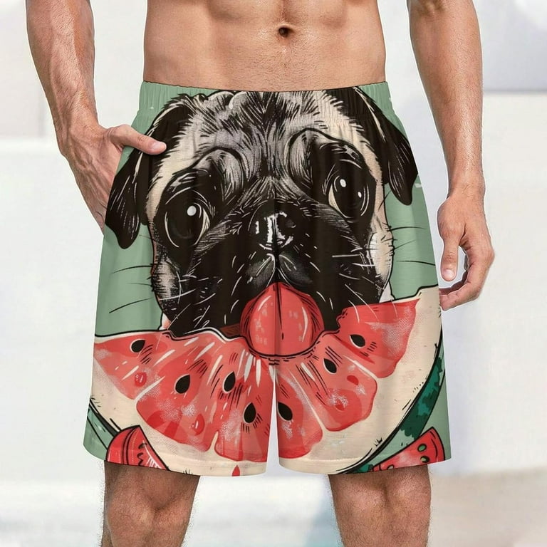 Men s Funny Pug Dog Eating Watermelon Swim Trunks Quick Dry Board Shorts Funny Beach Shorts Swimwear Bathing Suits Large