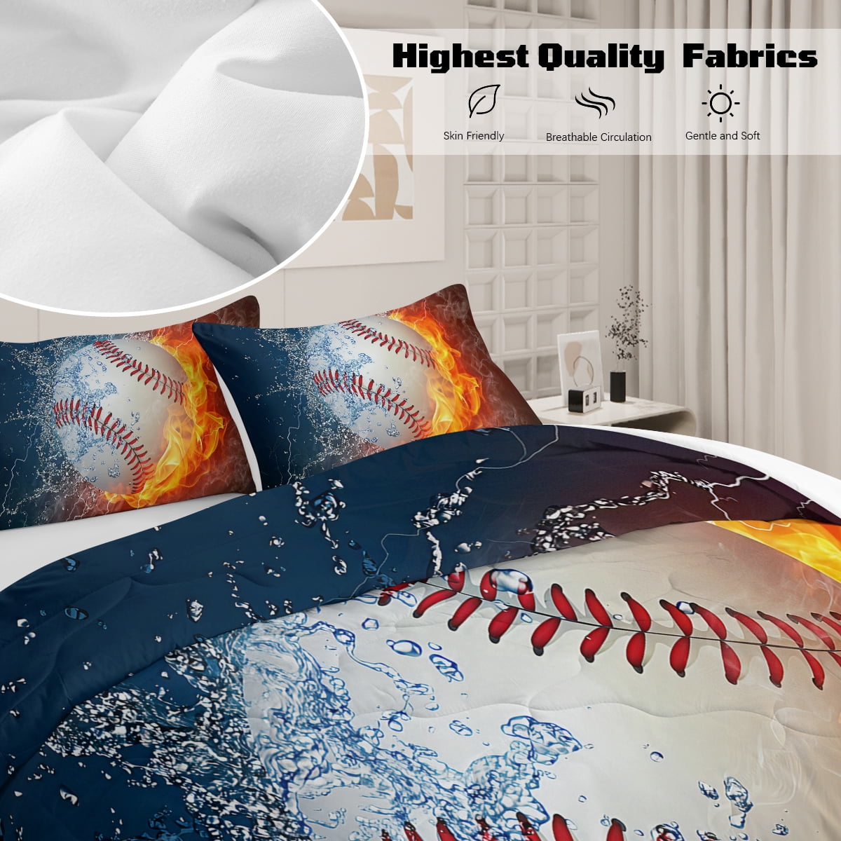 BlessLiving Full Comforter Set, 3 Pieces Sport Bedding Set for Kids Boys Teens Baseball Comforter Set