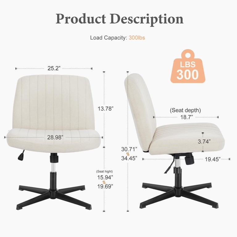 Criss Cross Chair, Armless Office Desk Chair, Wide Seat No Wheels, Height Adjustable Comfy Computer Task Swivel Chair Black