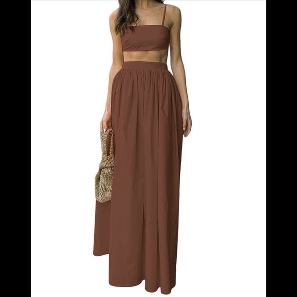 Conjunto de 2 Piezas para Mujer, Sin Mangas, con Tirantes, Corte A, Falda Maxi, Informal, Plisada, Estilo , Estilo Bohemio, con Bolsillo. Marrón L
