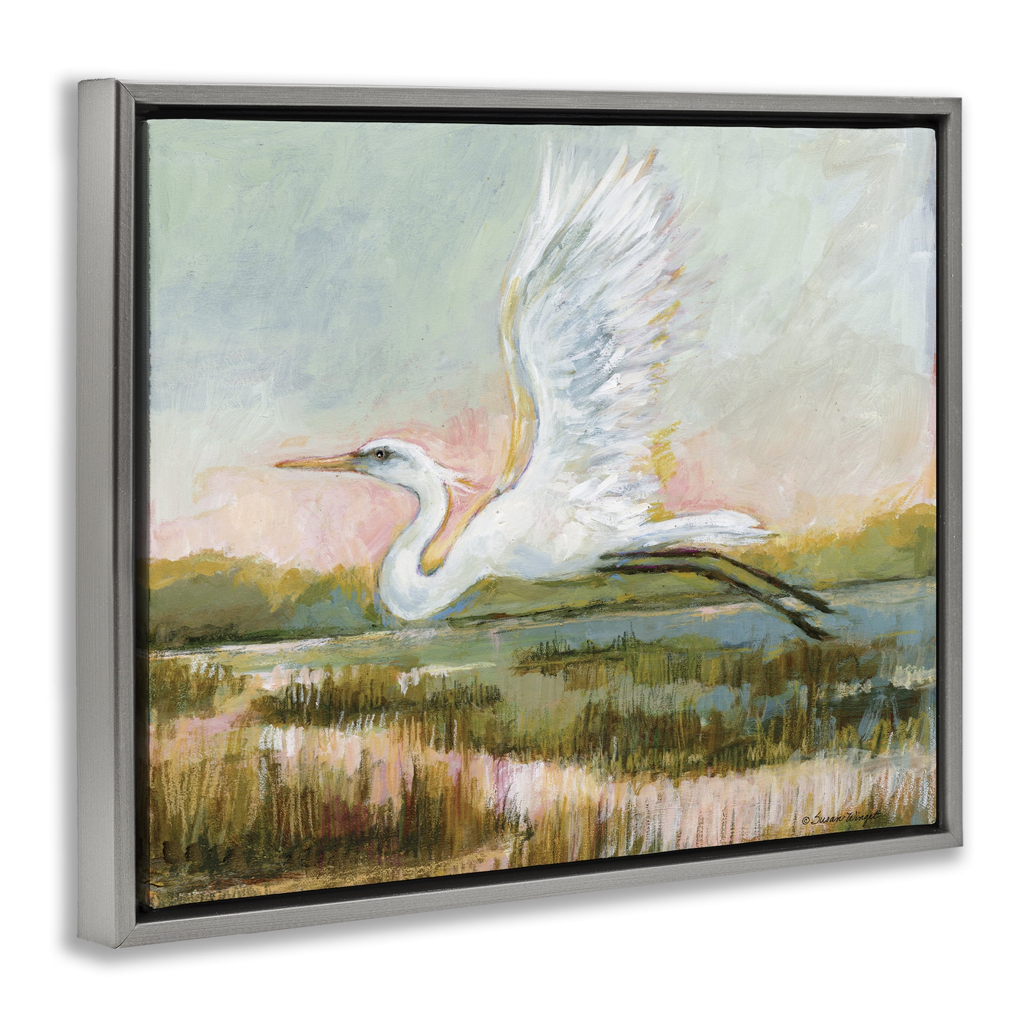 Stupell Industries White Heron Flying Gray Framed Floater Canvas Wall Art, design by Susan Winget