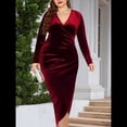 thumbnail image 4 of Vestido Ajustado de Terciopelo de Larga para Mujer, Elegante, Fruncido, Cruzado, con Escote en V Profundo, para Fiesta y Cóctel Rojo XL, 4 of 9