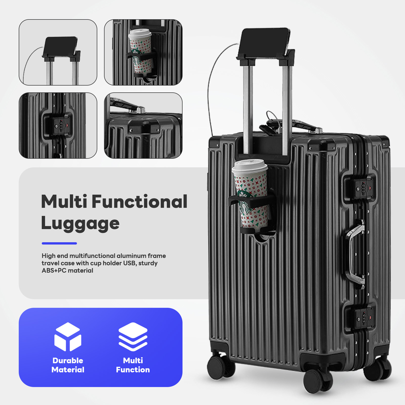 20in Carry on Luggage, Zipperless Aluminum Frame PC Hard Shell Luggage with 360 Spinner Wheels,TSA Lock,for Travel,Black