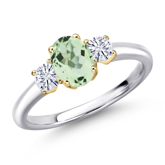 Gem Stone King 10K Two Tone Gold Green Prasiolite and White Moissanite Engagement Ring for Women | 1.07 Cttw | Oval 7X5MM | Gemstone Birthstone | Size 6