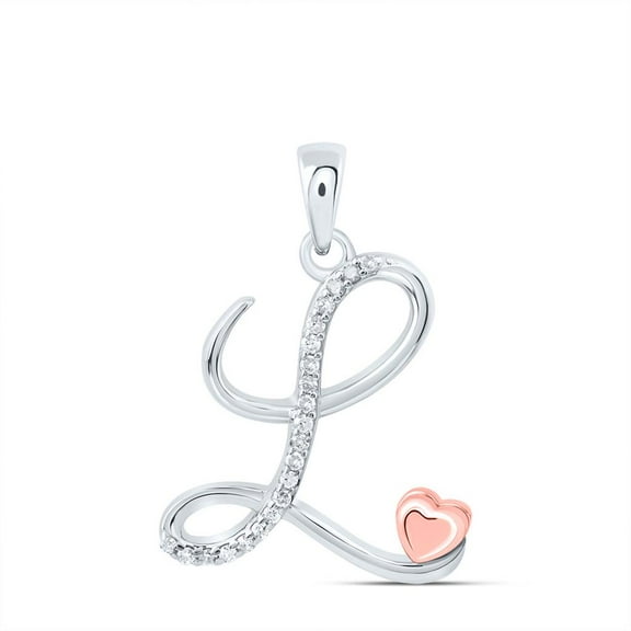 925 Sterling Silver Diamond Cursive Font w/ Pink Heart Initial L Pendant 1/10 CT
