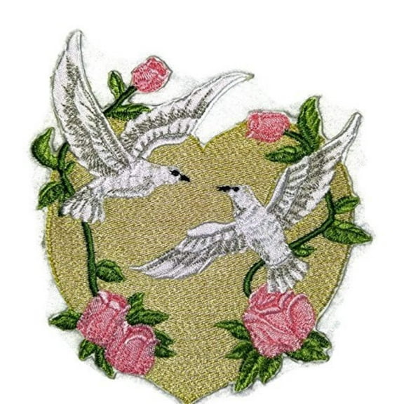 Love Doves with Heart Embroidered Iron on/Sew Patch [5" X 7"]