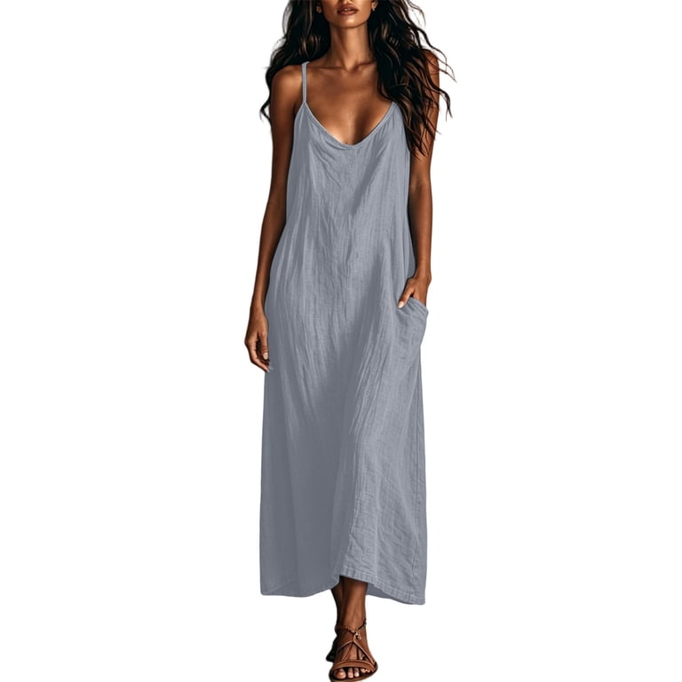 cotton slip dress maxi Umfun Women's Casual Spaghetti Strap Maxi Cotton Dress with Side Pockets