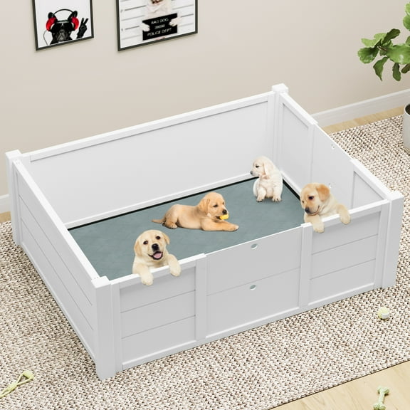 Water-Resistant Whelping Box for Dogs with Waterproof Floor Mat, 39.4" Indoor Wooden Dog Pen with Dividers, No-Tool Installation Puppy Birthing Box for Small & Medium Dogs