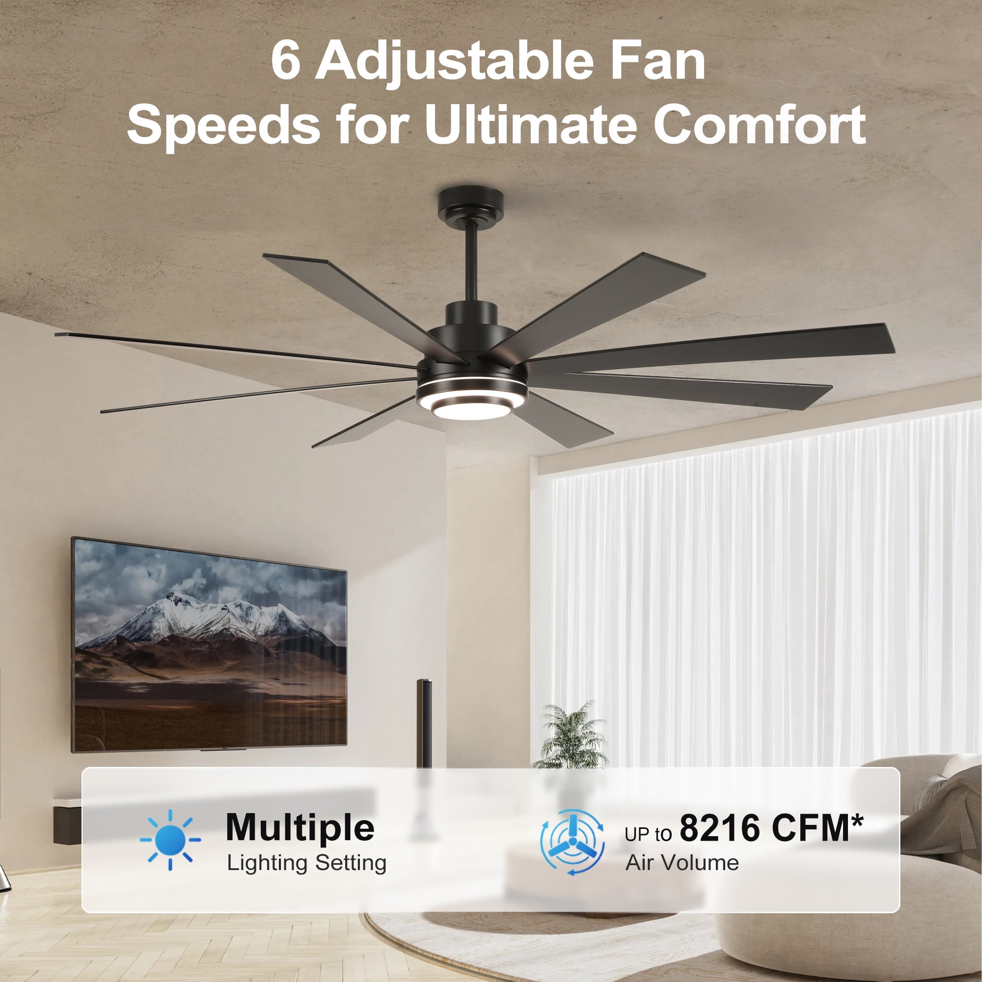 BOFANG 72 in Large Ceiling Fan with Dimmable LED Light and Remote, 8 Blades DC Motor(Matte Black)
