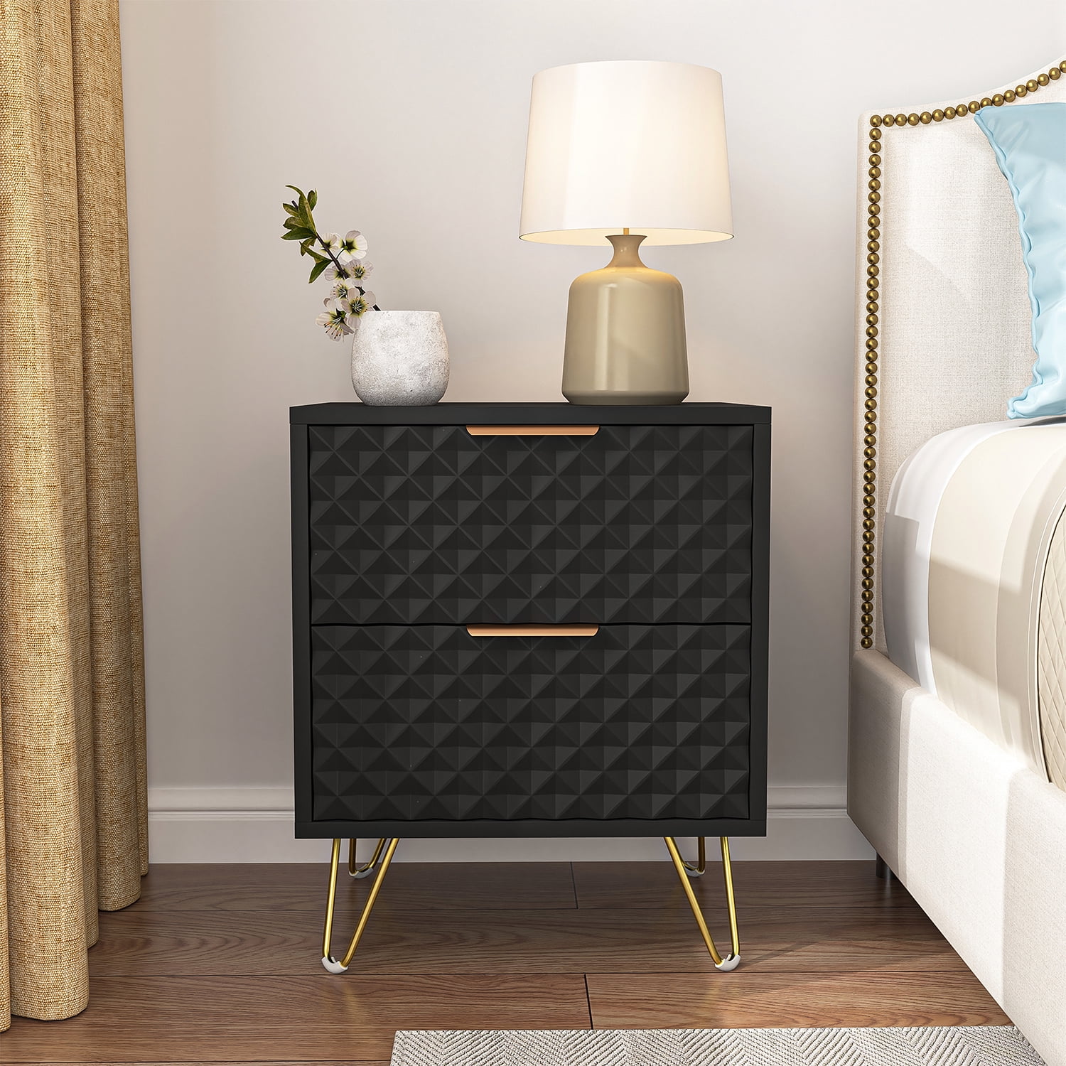 Kepooman Nightstand, Set of 2 Nightstand Side Table End Table, Wood Bedside Tables with 2 Drawers for Bedroom, Black