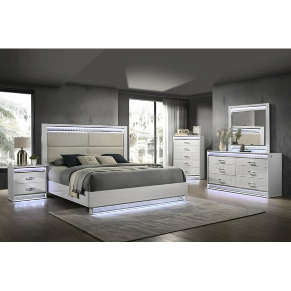 Glam Modern Upholstered LED King 5PC Bedroom Set Made With Wood in White