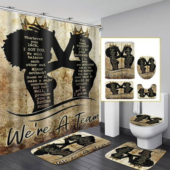 Black Queen Shower Curtain Set, Gold Ray Women Bahtroom Sets with Shower Curtain and Rugs, Toilet Lid Cover, Bath Mat, Waterproof Fabric Valentines Shower Curtains with Hooks