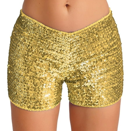 YONGHS Women s Sequin Sparkly Mini Booty Shorts Low Rise Rave Cheeky Shorts for Disco Festival Club Nightout Gold S