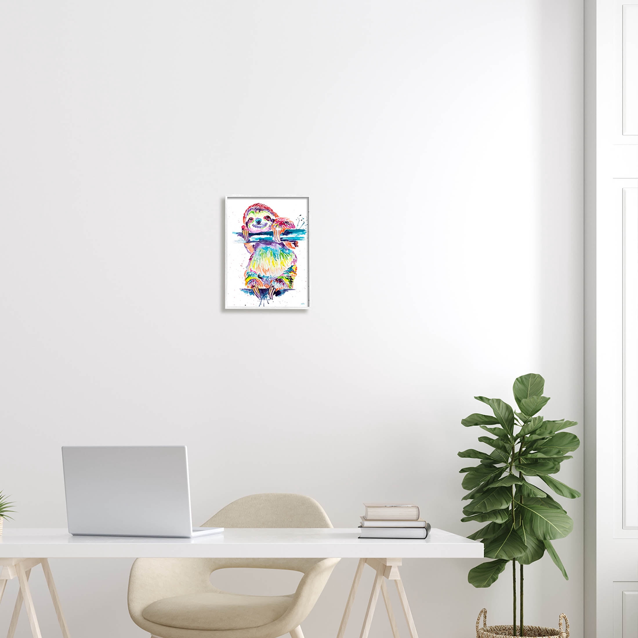 Fun Rainbow Sloth Wildlife Animals & Insects Graphic Art White Framed Art Print Wall Art