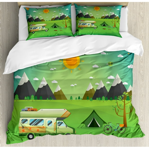 Happy Camper Queen Size Duvet Cover Set Family Caravan With