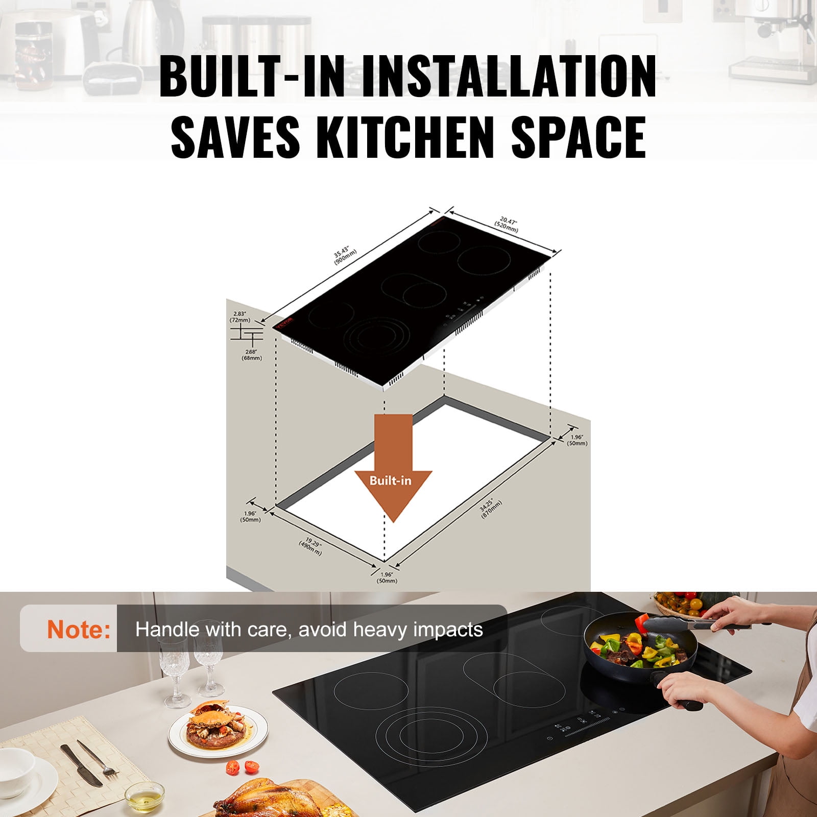 KFFKFF 36-inch Built-in Electric Cooktop with 5 Burners, 8600W Ceramic Radiant Surface, Glass Panel, Touch Controls, Timer, Child Safety Lock, 9 Adjustable Heat Levels, 220-240V Hardwired Connection