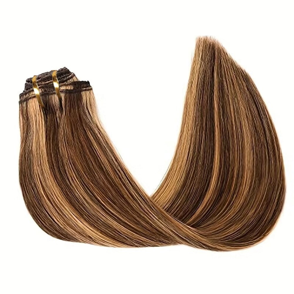 Clip In Hair Extensions Remy Human Hair 16-26 Inch #P4/27 Medium Brown Mixed Dark Blonde Clip In Silk Stright Remy Hair Extensions 120g 8Pcs