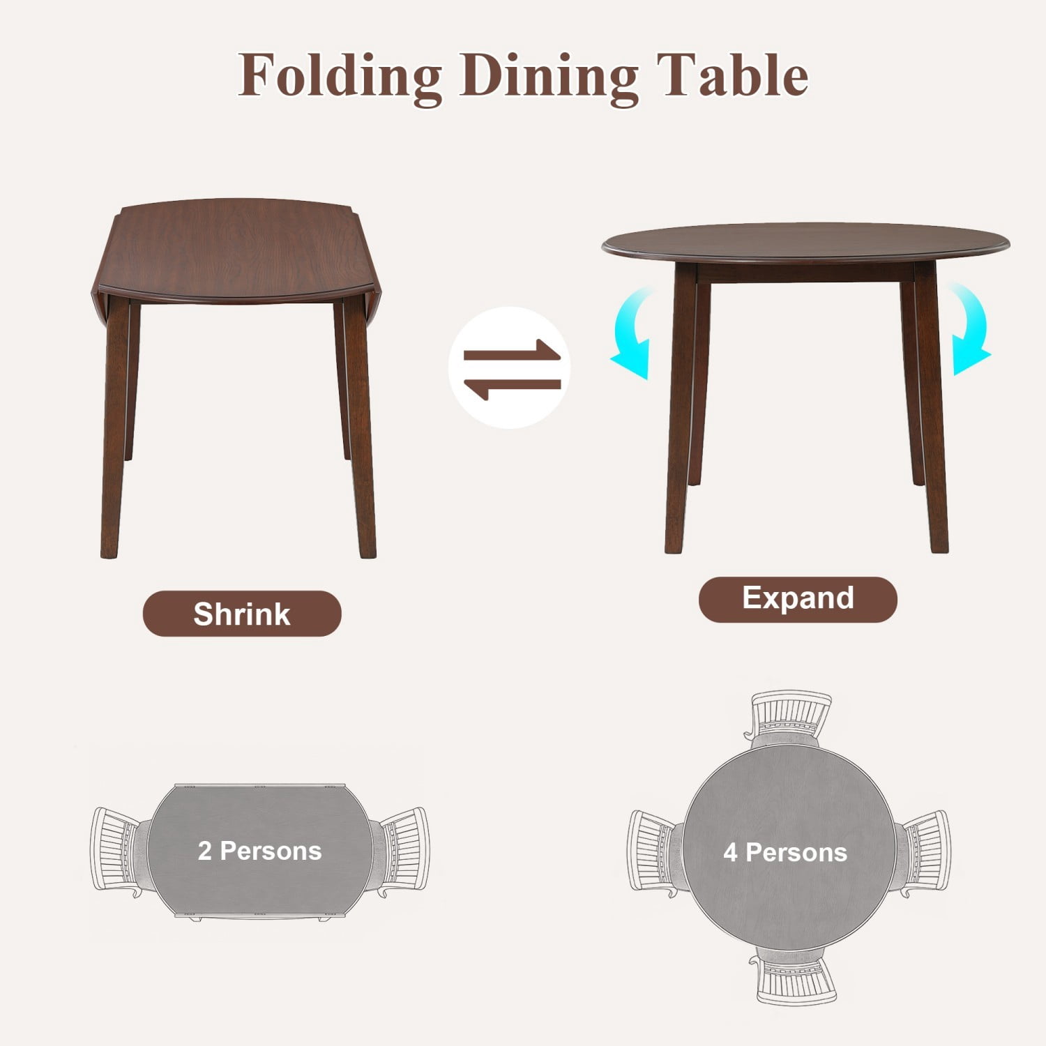Extendable Round Dining Table for 2–4 People Folding Wood Dining Table Adjustable Space Saving Design for Small Apartment Dining Area, Brown