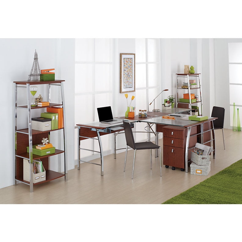Realspace Mezza L Shaped Glass Computer Desk Cherry Chrome