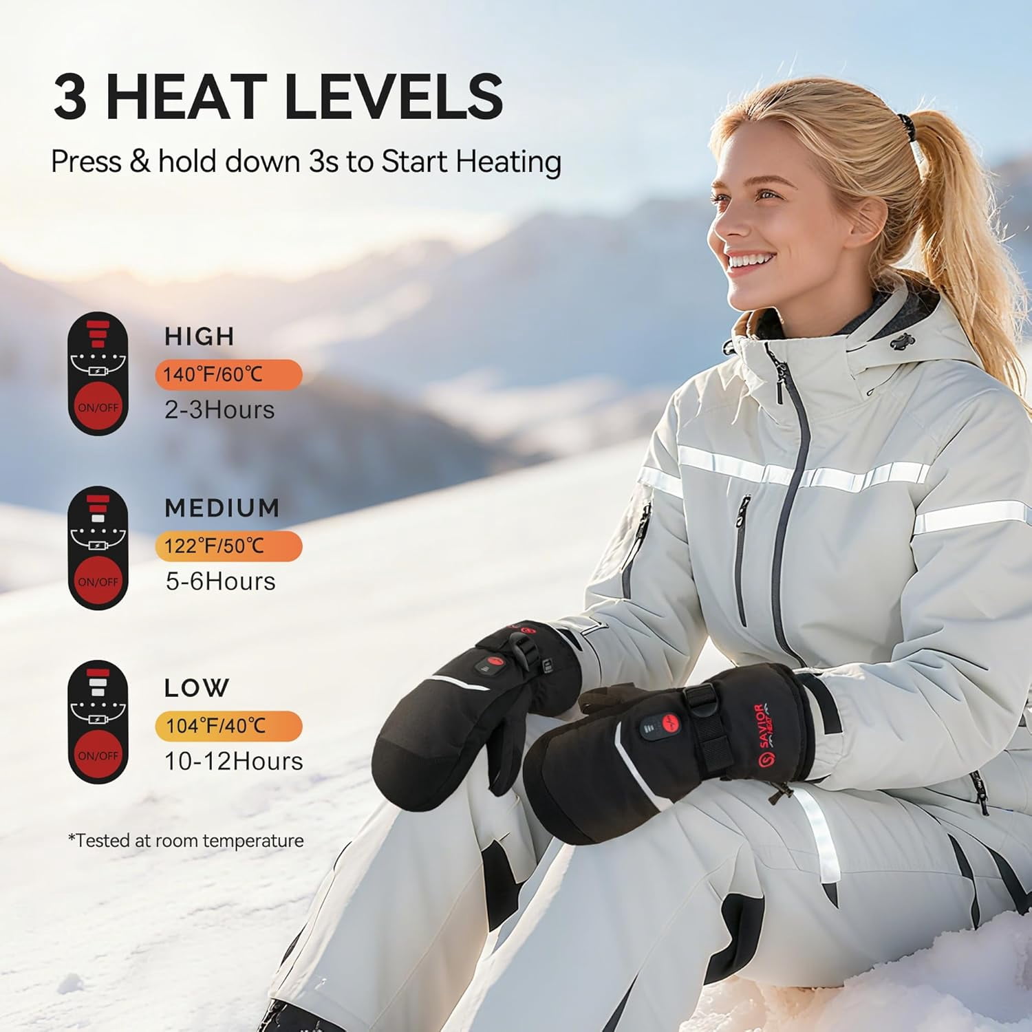 SAVIOR HEAT Heated Mittens Battery Ski Gloves, Electric Rechargeable Mitts for Skiing Camping Hiking Arthritis Hands Men Women
