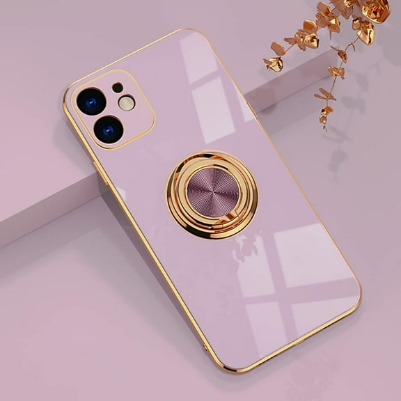 Compatible with iPhone 11 Ring Holder Case Shiny Plating Rose Gold Edge 360 Degree Rotation Kickstand for Women Girls Slim Soft Flexible TPU Protective Cover Case, 6.1 Inch