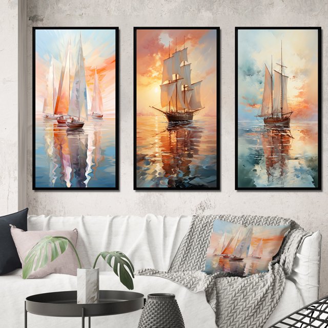 Designart "Minimalism Sailboat flow IX" Nautical & Beach Framed Wall Art Set Of 3 - Multi-Color Boat Sailing Frame Canvas Set For Living Room Decor
