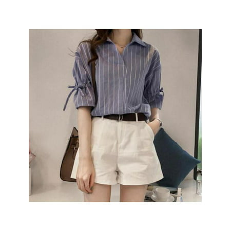 Topumt Korean Women Summer V-Neck Lapel Stripes Short Sleeve Casual T-Shirt Blouse