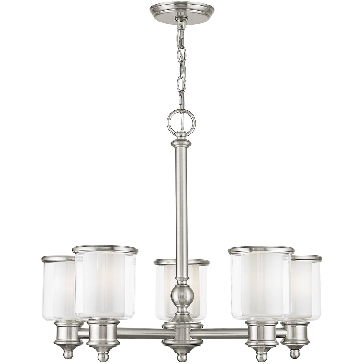 5 Light Brushed Nickel Chandelier with Clear Glass & Satin Opal White Glass Shade