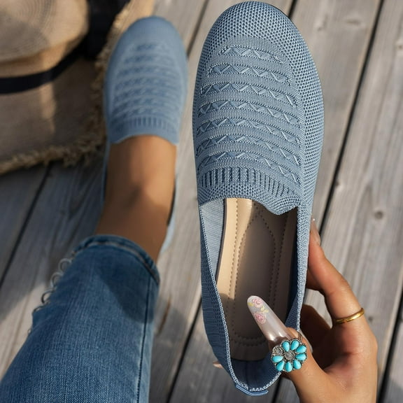 RUIYANQI Women's Knit Slip On Loafers Breathable Design Comfortable Walking Shoes Trendy Fashion Casual Flats Lightweight Footwear Light Blue Women Sandals