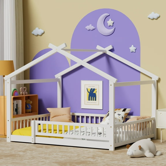 Full Size House Bed with Fence, Wood Floor Bed with Roof, Montessori Bed Frame Playhouse Bed for Girls and Boys Bedroom, Easy Assembly, White