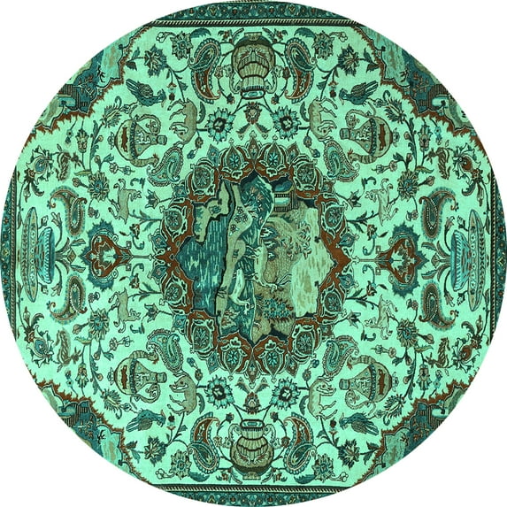 Ahgly Company Machine Washable Indoor Round Animal Turquoise Blue Traditional Area Rugs, 4' Round
